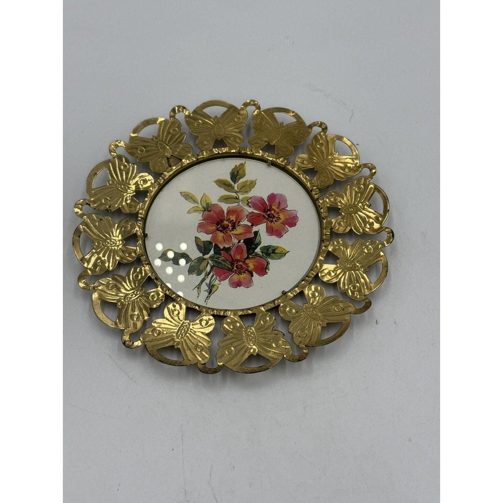 Vintage Brass Butterfly Round Picture Frame Made in England Floral Art